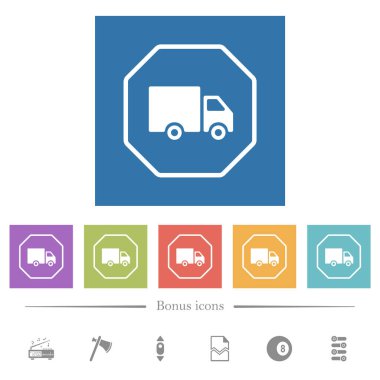 Octagon shaped transport sanction sign outline flat white icons in square backgrounds. 6 bonus icons included.