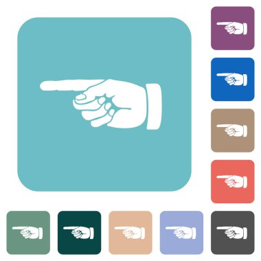 Left pointing hand solid drawing white flat icons on color rounded square backgrounds