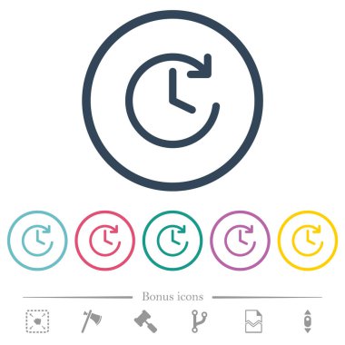 Circle shaped forward arrow and clock flat color icons in round outlines. 6 bonus icons included.