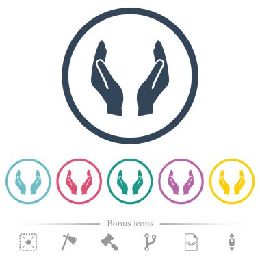 Empty protecting hands solid flat color icons in round outlines. 6 bonus icons included.