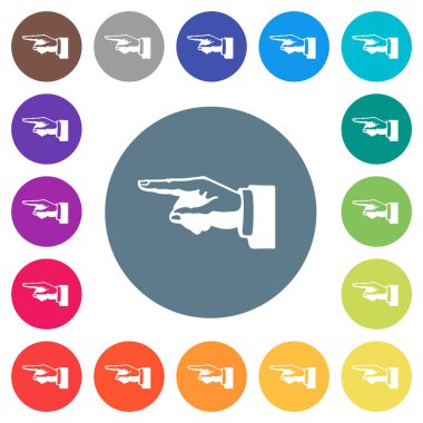 Left pointing hand alternate drawing flat white icons on round color backgrounds. 17 background color variations are included.