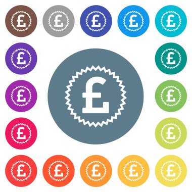 English Pound sticker alternate flat white icons on round color backgrounds. 17 background color variations are included.