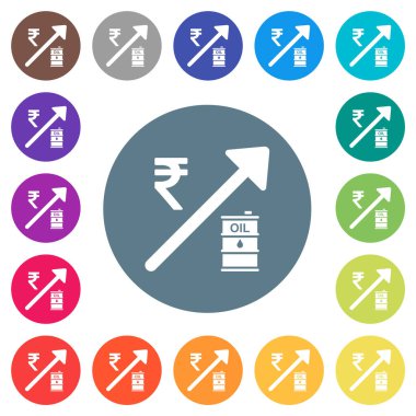 Rising oil energy Indian Rupee prices flat white icons on round color backgrounds. 17 background color variations are included.
