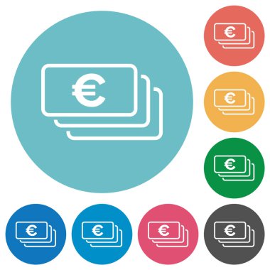 European Euro banknotes outline flat white icons on round color backgrounds