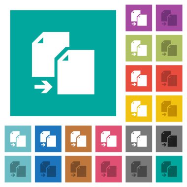 Copy document solid multi colored flat icons on plain square backgrounds. Included white and darker icon variations for hover or active effects.