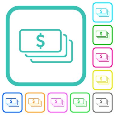 American dollar banknotes outline vivid colored flat icons in curved borders on white background