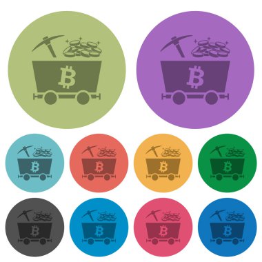 Bitcoin cryptocurrency mining with treasure darker flat icons on color round background