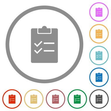 Checklist solid flat color icons in round outlines on white background