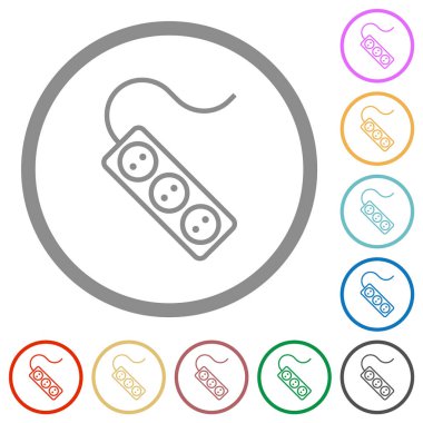 Portable electrical outlet with three sockets and cord outline flat color icons in round outlines on white background