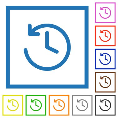 Circle shaped backward arrow and clock flat color icons in square frames on white background