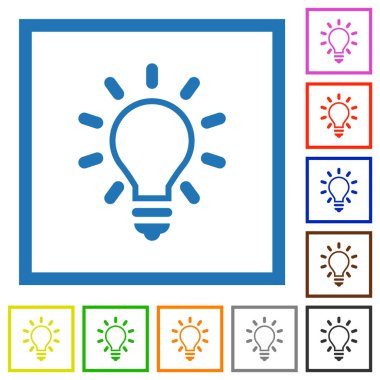 Lighting bulb outline flat color icons in square frames on white background