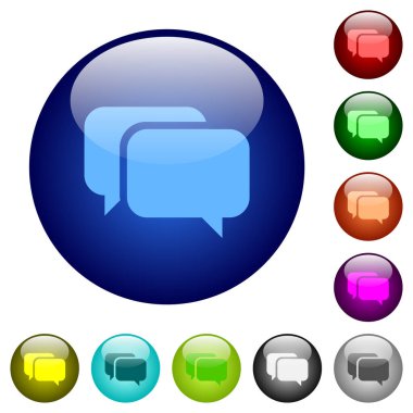 Two rounded square chat bubbles solid icons on round glass buttons in multiple colors. Arranged layer structure