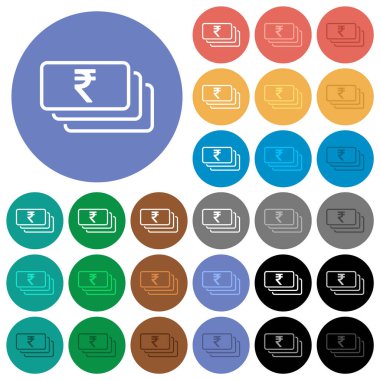 Indian Rupee banknotes outline multi colored flat icons on round backgrounds. Included white, light and dark icon variations for hover and active status effects, and bonus shades.