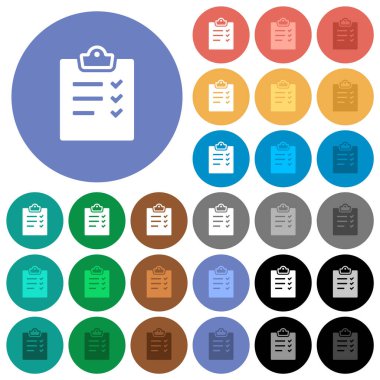Task list alternate multi colored flat icons on round backgrounds. Included white, light and dark icon variations for hover and active status effects, and bonus shades.