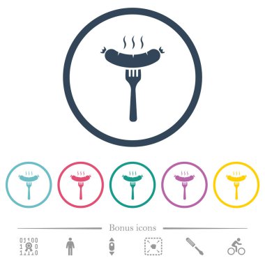 Grilled sausage on fork solid flat color icons in round outlines. 6 bonus icons included.
