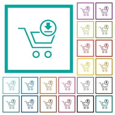 Cart download outline flat color icons with quadrant frames on white background