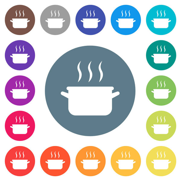 Steaming pot flat white icons on round color backgrounds. 17 background color variations are included.