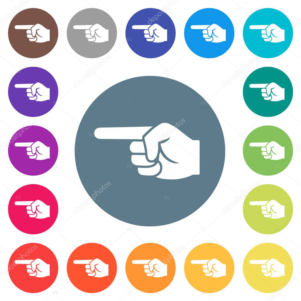 Left pointing hand solid flat white icons on round color backgrounds. 17 background color variations are included.