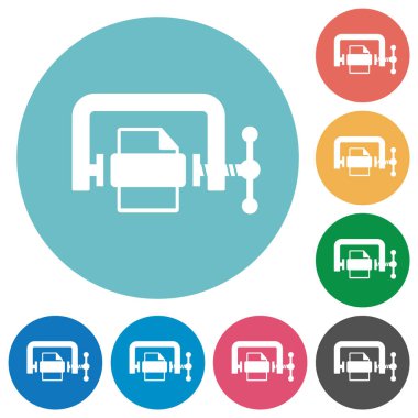 Yuvarlak renk arkaplan üzerinde dosya sıkıştırma katı düz beyaz simgeleri