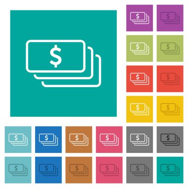 Amerikan doları banknotları düz arkaplan üzerinde çok renkli düz ikonlar ana hatları. Uçan veya etkin efektler için beyaz ve koyu simge varyasyonları.
