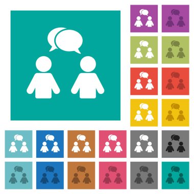 Oval baloncuklu konuşan iki kişi düz arkaplanda çok renkli düz simgeler oluşturuyorlar. Uçan veya etkin efektler için beyaz ve koyu simge varyasyonları.