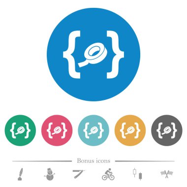 Software patch flat white icons on round color backgrounds. 6 bonus icons included.