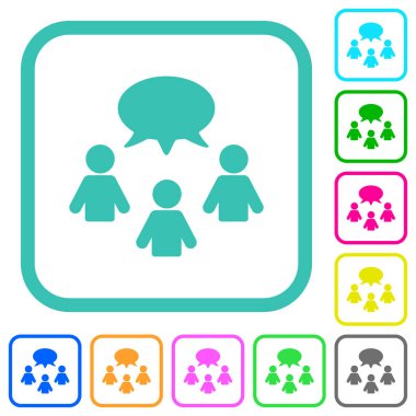 Beyaz arkaplanda eğimli sınırlarda oval baloncuklu üç canlı renkli düz ikona sahip konuşan kişi