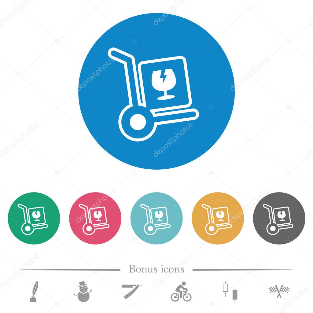 Fragile parcel delivery outline flat white icons on round color backgrounds. 6 bonus icons included.