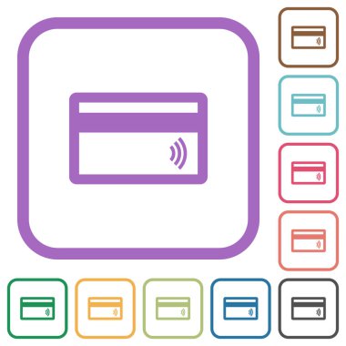 Temassız kredi kartı simgeleri beyaz arkaplandaki renkli yuvarlak kare çerçeveler