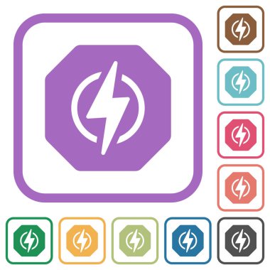 Sekizgen şekilli elektrik enerji yaptırımı, beyaz arkaplandaki renkli yuvarlak kare çerçeveler halinde katı simgeler imzalar