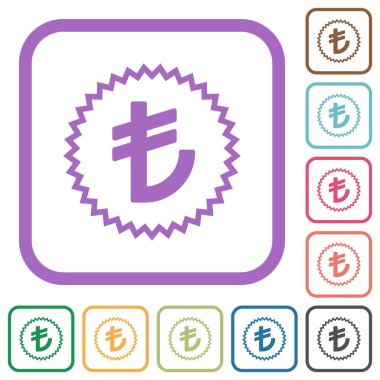 Türk Lirası etiketi, beyaz zemin üzerinde renkli yuvarlak kare çerçeveler şeklinde basit simgeleri değiştiriyor