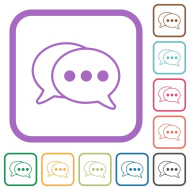 İki oval aktif sohbet kabarcığı beyaz arkaplanda renkli yuvarlak kare çerçeveler halinde basit simgeleri özetliyor