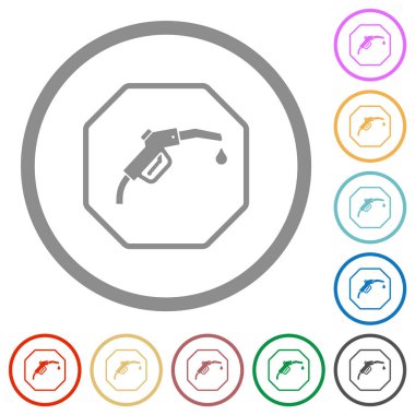 Sekizgen biçimli yakıt yaptırım işareti. Beyaz arkaplanda yuvarlak çizgiler halinde düz renk simgeleri.