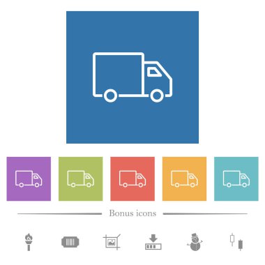 Teslimat kamyonu yan görünümü kare arkaplanlarda düz beyaz simgeler çiziyor. 6 bonus simgesi dahil.