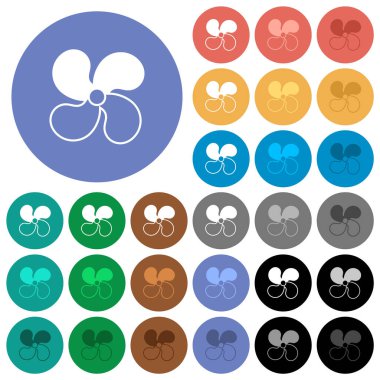 Vantilatör seviyesi 2. Renkli düz simgeler yuvarlak arka planda. Uçma ve aktif durum efektleri için beyaz, açık ve koyu simge varyasyonları ve bonus gölgeler.