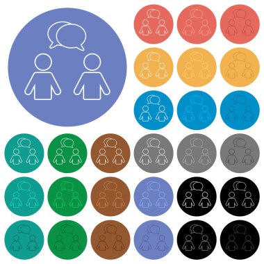 Oval baloncuklu iki konuşan kişi arka planda çok renkli düz ikonlar çiziyor. Uçma ve aktif durum efektleri için beyaz, açık ve koyu simge varyasyonları ve bonus gölgeler.