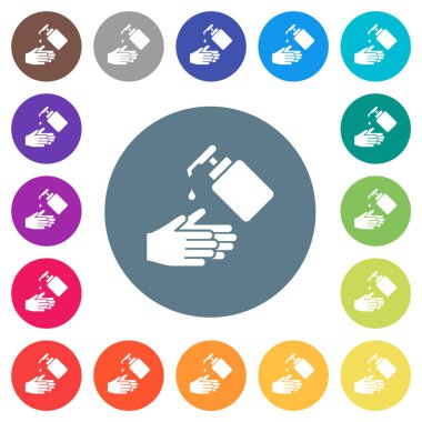 Yuvarlak renkli arka planda sıvı sabun beyazı simgelerle el yıkama. 17 arkaplan renk varyasyonu dahil.