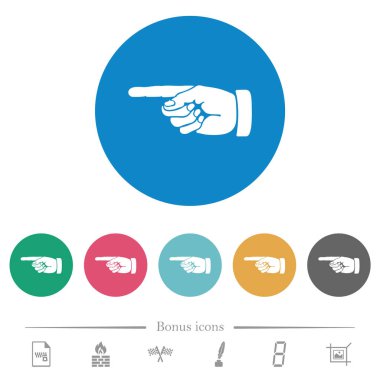 Yuvarlak renkli arka planlara düz beyaz simgeler çizerek sol eli işaret ediyor. 6 bonus simgesi dahil.