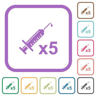 Beşinci aşı dozajı beyaz zemin üzerinde renkli yuvarlak kare çerçeveli basit ikonlar