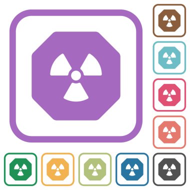 Sekizgen biçimli uranyum yaptırım işareti. Beyaz arkaplanda renkli yuvarlak kare çerçeveler halinde katı simgeler.