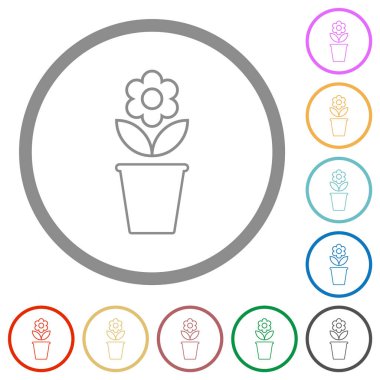 çiçekli saksı ve beyaz arkaplanda yuvarlak çizgilerde düz renk simgeleri bırakıyor