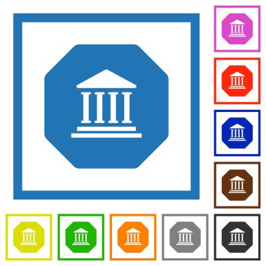 Sekizgen biçimli bankacılık yaptırımı beyaz arkaplan üzerindeki kare çerçevelerde katı düz renk simgeleri imzalayın