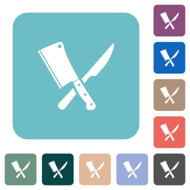 Çapraz et satırı ve bıçak beyaz düz simgeler renkli yuvarlak kare arkaplanlar