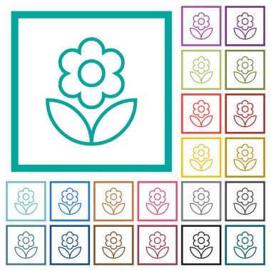 Beyaz arkaplanda çeyrek çerçeve bulunan tek çiçek ana hatlı düz renk simgeleri