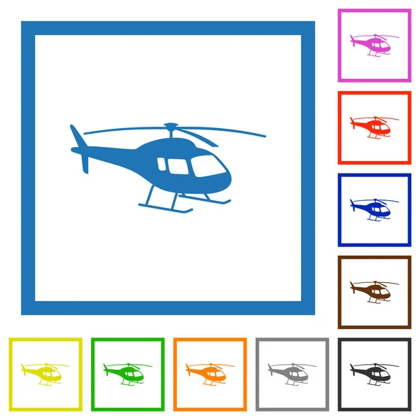 Elicottero Silhouette Icone Colori Piatti Cornici Quadrate Sfondo Bianco — Vettoriale Stock