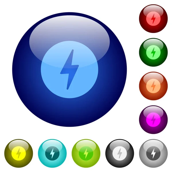複数の色の丸いガラスのボタン上の円の固体アイコンで雷 配置された層構造 — ストックベクタ