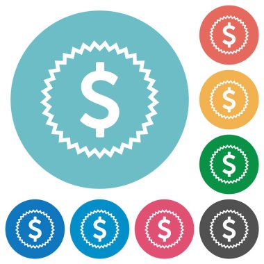 Amerikan Doları etiketi yuvarlak renkli arka planda düz beyaz simgeler oluşturur