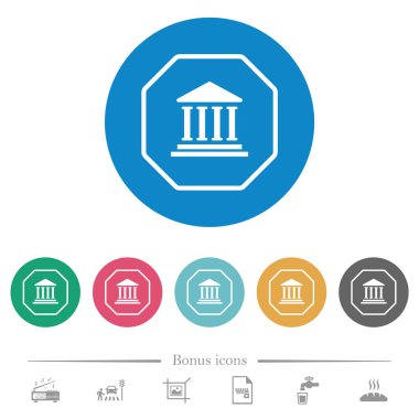 Sekizgen şekilli bankacılık yaptırım tabelaları yuvarlak renkli arka planlarda düz beyaz simgeler çiziyor. 6 bonus simgesi dahil.
