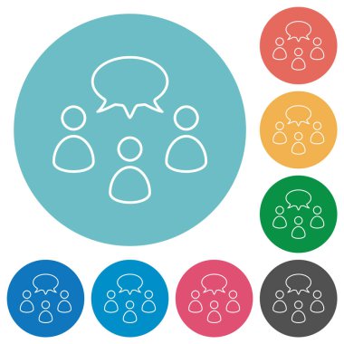 Three talking persons with oval bubble outline flat white icons on round color backgrounds