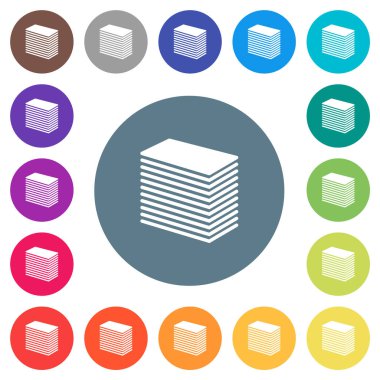 Kağıt yığını yuvarlak renkli arka planda düz beyaz simgeler. 17 arkaplan renk varyasyonu dahil.